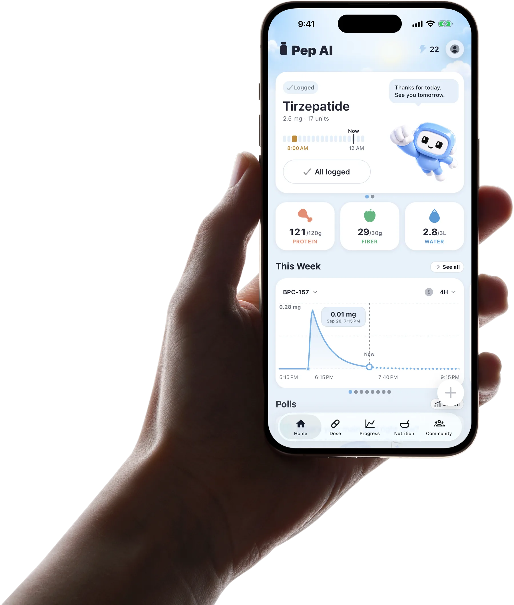 Pep AI Home screen: Tirzepatide 2.5 mg logged at 8:00 AM, today's protein, fiber and water, and an estimated BPC-157 level curve