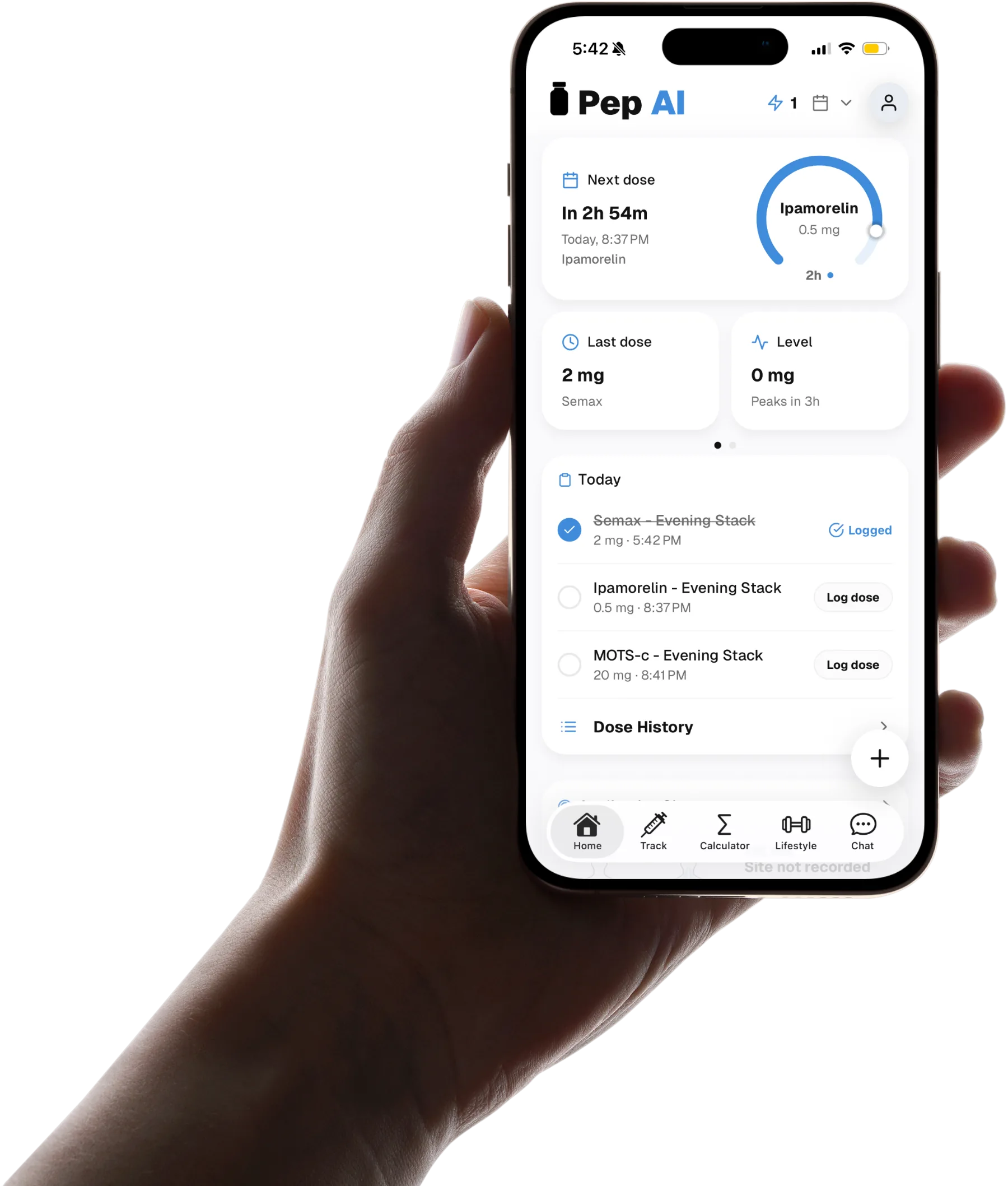 Pep AI GLP-1 tracker home screen showing next dose, medication level, and daily logs