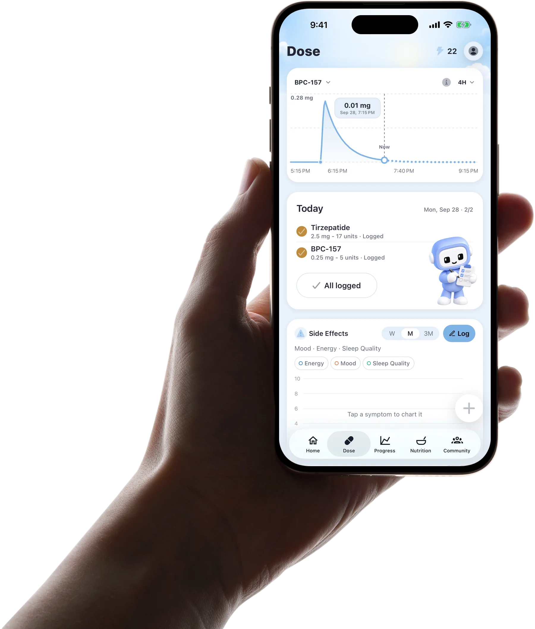 Pep AI Dose screen: an estimated BPC-157 level curve, today's Tirzepatide and BPC-157 doses logged, and side-effect tracking for mood, energy and sleep