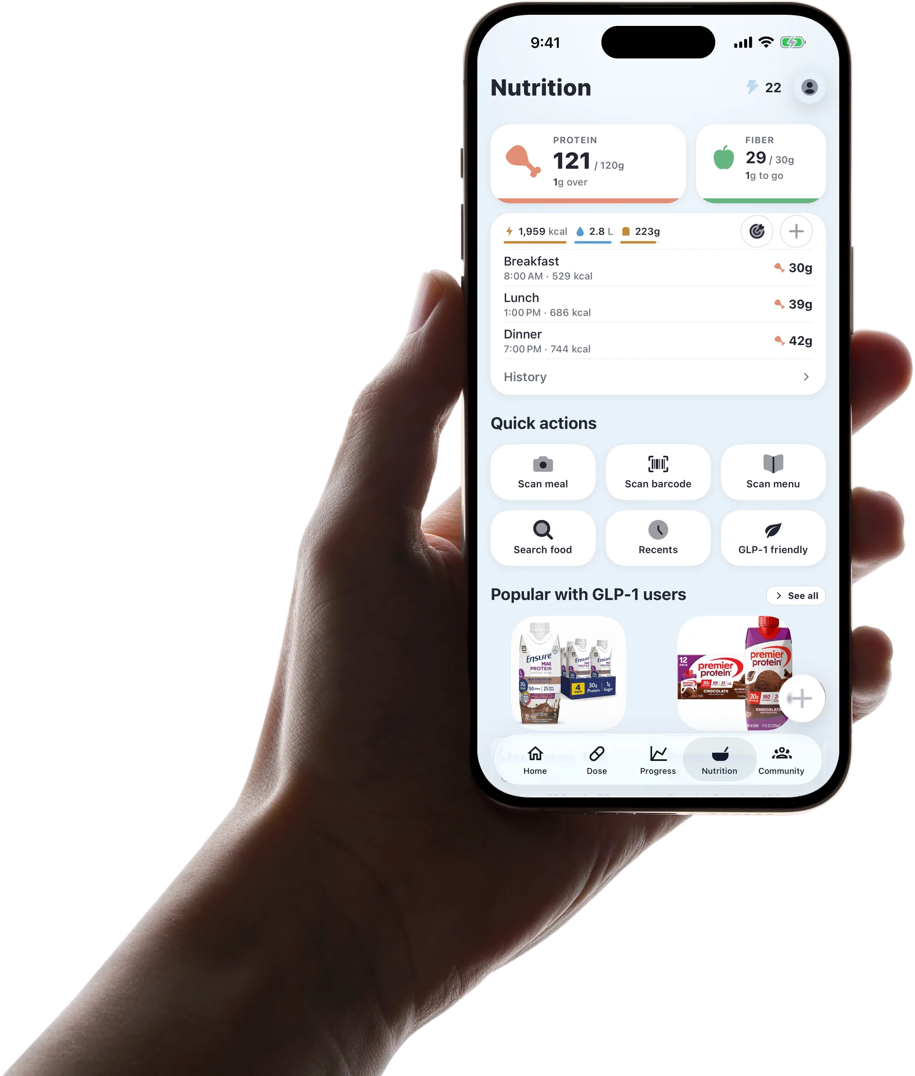 Pep AI Nutrition screen: protein 121 of 120 g, fiber 29 of 30 g, breakfast, lunch and dinner logged, and quick actions to scan a meal, a barcode or a menu